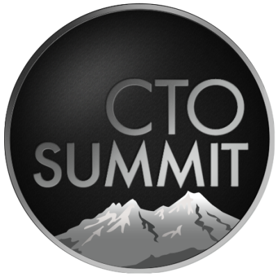 CTO SUMMIT - 2024 - Logo black background white and yello text and mountains with a circle on top